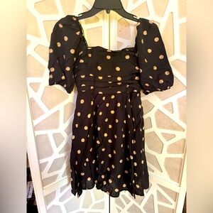 Black Puff Sleeves Dress with Gold Polka Dots